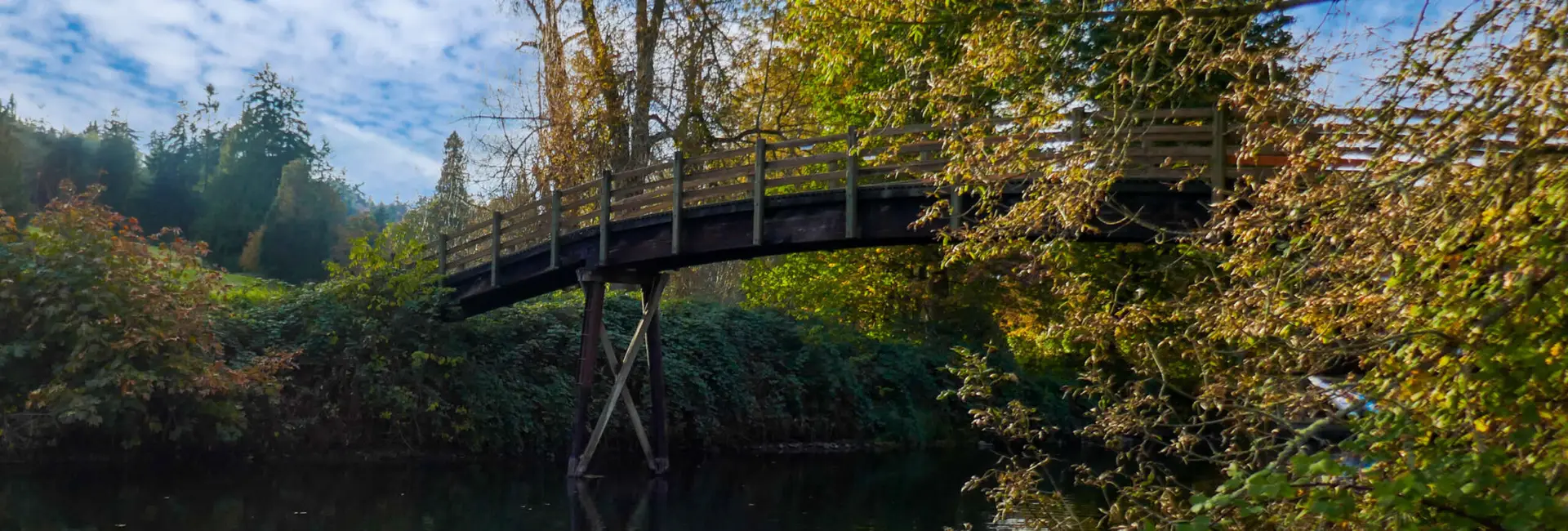 The Park at Bothell Landing showing a wooden bridge over the Sammamish River